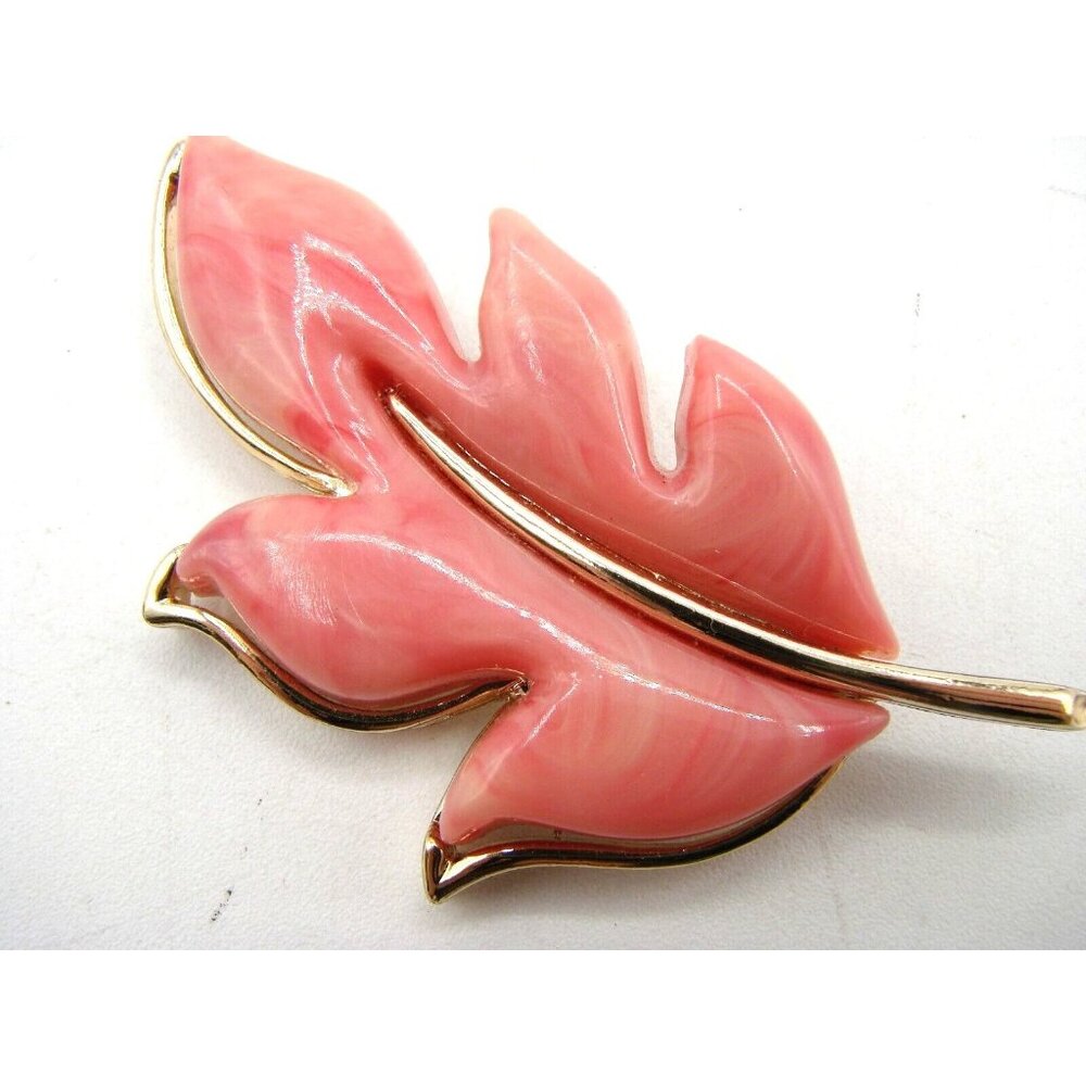 Sarah Coventry Brooch Autumn Splendor Pink Enamel Gold Leaf Lapel Hat Pin 3" Vtg